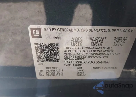 2018 GMC Sierra Slt z USA, uszkodzony, nr VIN 3GTU2NEC7JG554466